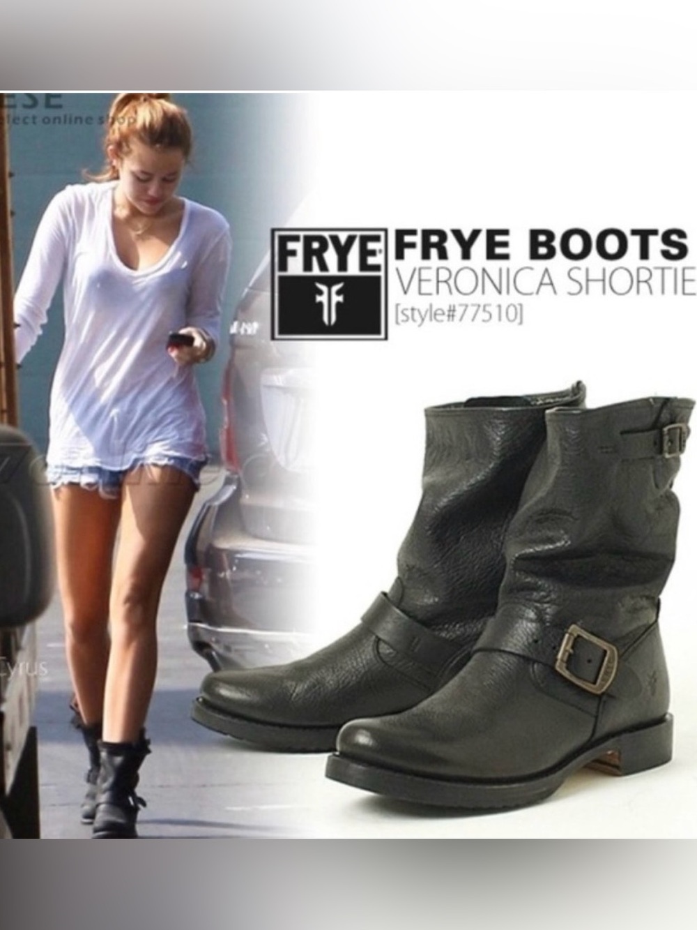 Frye Veronica Shortie Black Leather Slouchy Moto Boots Pull On Engineer 8.5